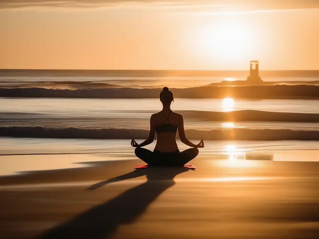 Persona practicando yoga en playa al amanecer, transmitiendo serenidad y promoviendo técnicas saludables para combatir el estrés