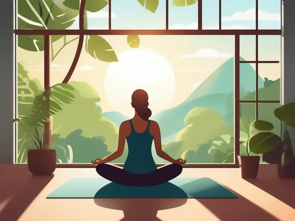 Persona en yoga, relajada en un espacio luminoso rodeado de vegetación, transmitiendo paz y armonía