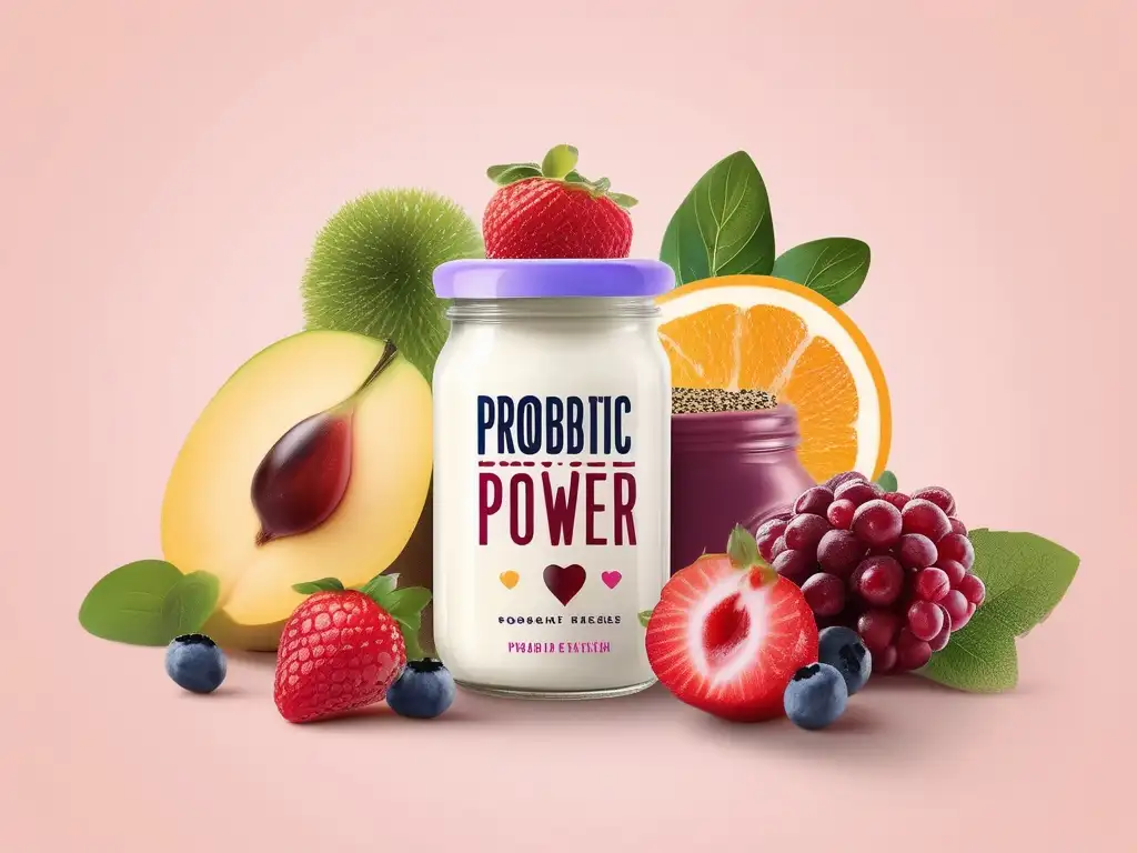 Jarra de yogur probiótico con frutas y verduras vibrantes